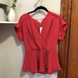 Monteau Red Faux Wrap Peplum V Neck Short Sleeve Blouse Top